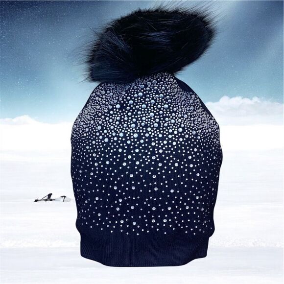 NWT New Adrienne Landau Crystal & Faux Fur Beanie Hat Black OS Winter Warm Bling - Picture 1 of 8